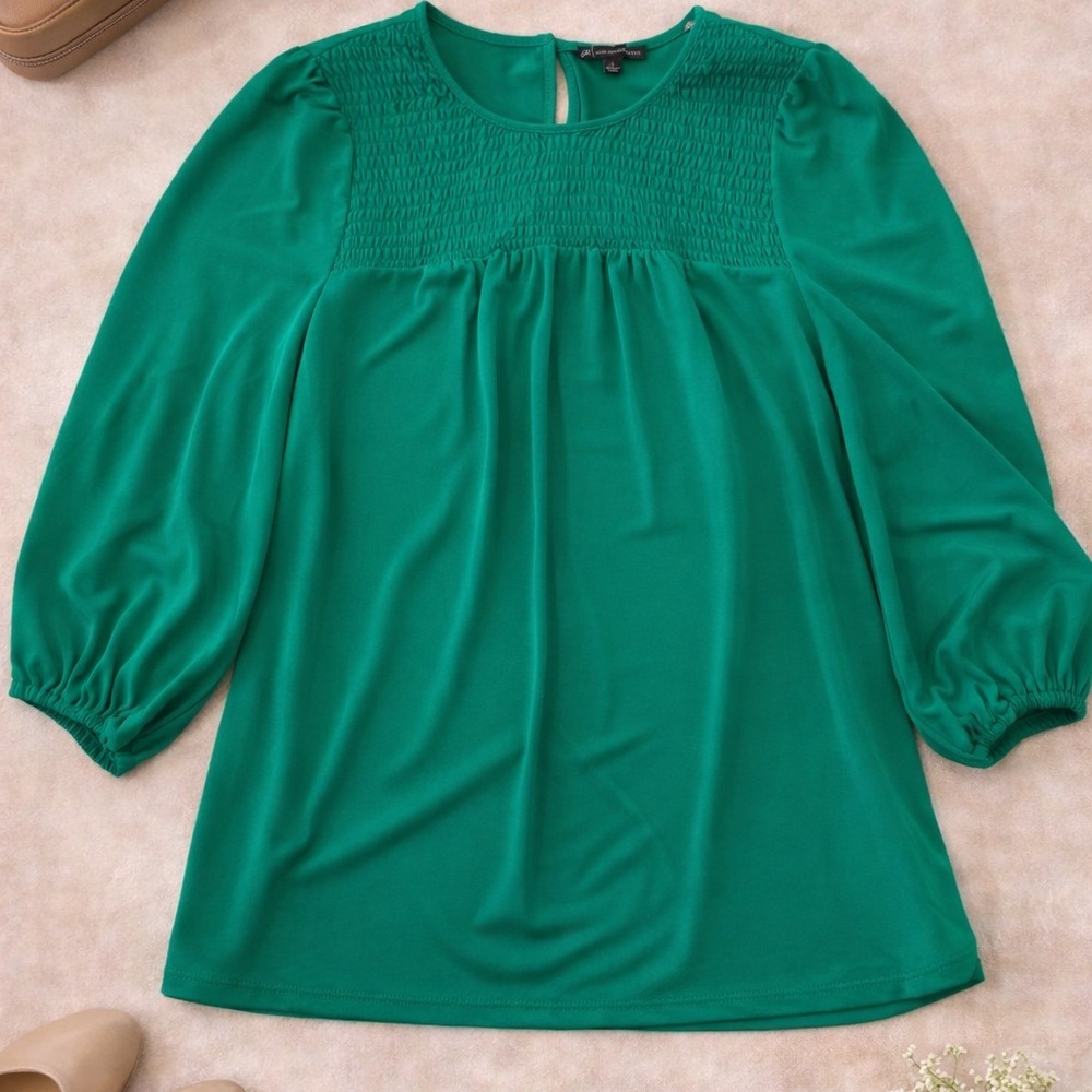 Adrianna Papell Emerald Green Smocked Yoke Blouse Size L